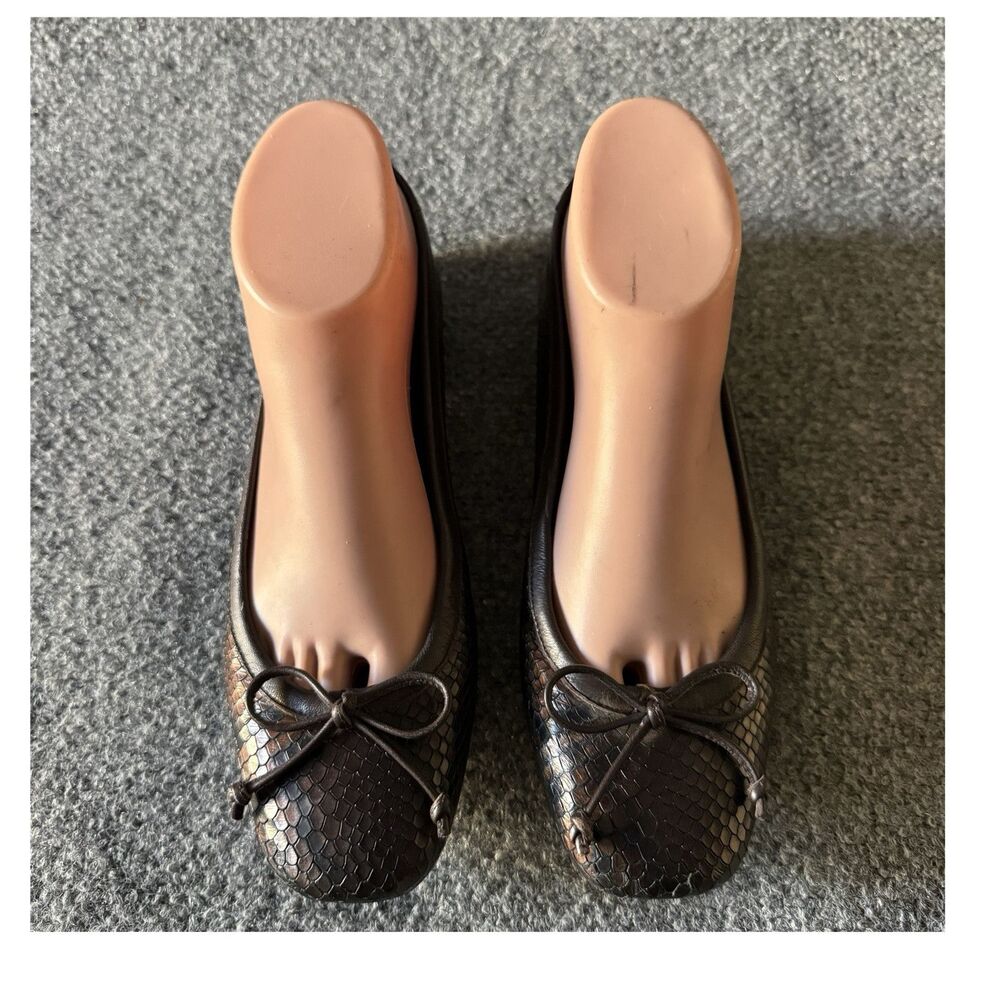 Stuart Weitzman Snake Print Leather Ballet Flat Bow Brown Women's 7.5